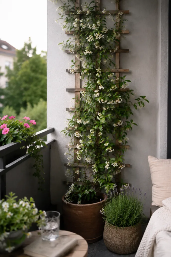 Balkondeko im Juli mit Rankgitter, Kletterpflanzen und vertikaler Begrünung auf kleinem Balkon.