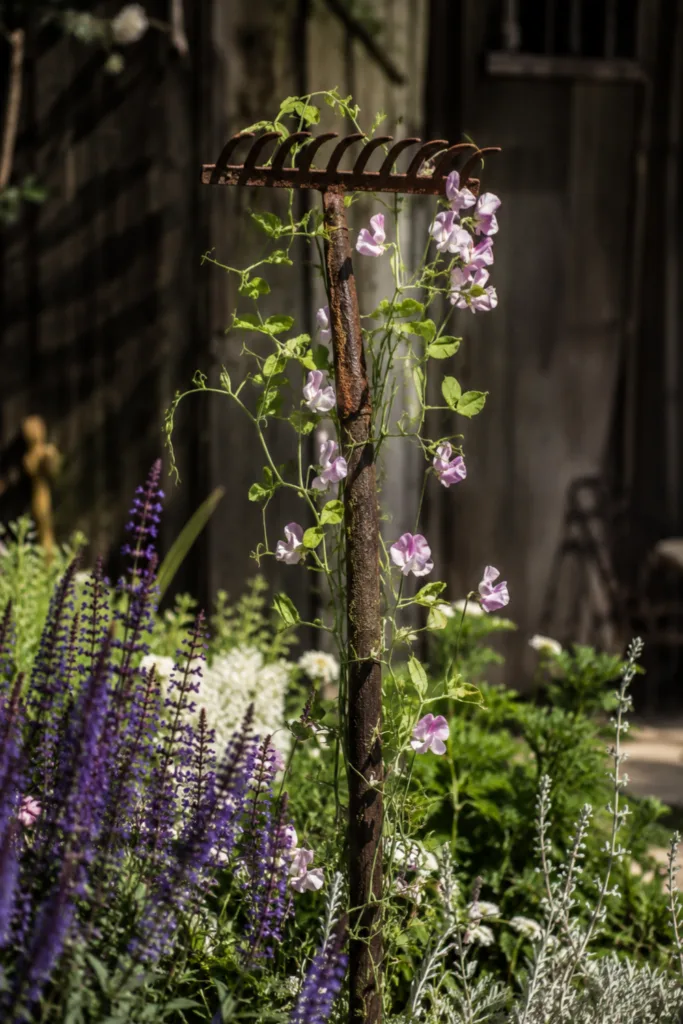 Gartendeko mit alten Werkzeugen – 5 schöne Ideen für mehr Persönlichkeit im Garten Gartendeko mit alter Harke als Rankhilfe im Blumenbeet mit blühenden Kletterpflanzen und Stauden.