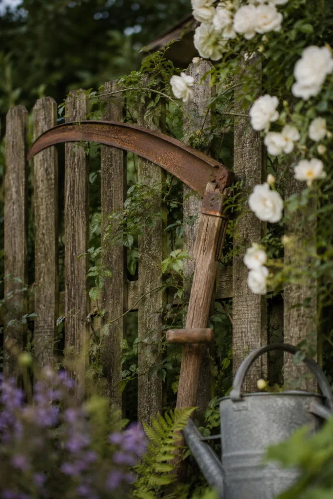 Gartendeko mit alten Werkzeugen – 5 schöne Ideen für mehr Persönlichkeit im Garten Gartendeko mit alten Werkzeugen: alte Sense als Blickfang am Gartenzaun zwischen Rosen und Grünpflanzen.