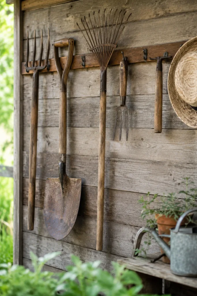 Gartendeko mit alten Werkzeugen – 5 schöne Ideen für mehr Persönlichkeit im Garten Werkzeugwand am Gartenhaus mit alten Werkzeugen als rustikale Gartendeko aus Holz und Metall.