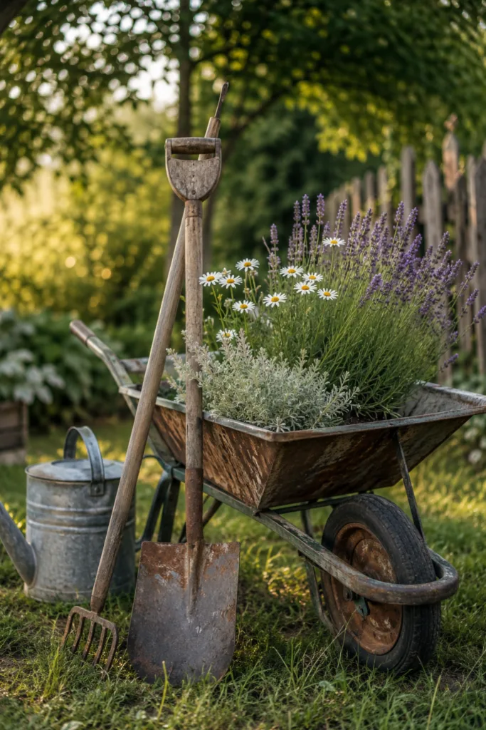 Gartendeko mit alten Werkzeugen – 5 schöne Ideen für mehr Persönlichkeit im Garten Gartendeko mit alten Werkzeugen: bepflanzte Schubkarre, Spaten und Harke als nostalgische Gartenszene im Garten.