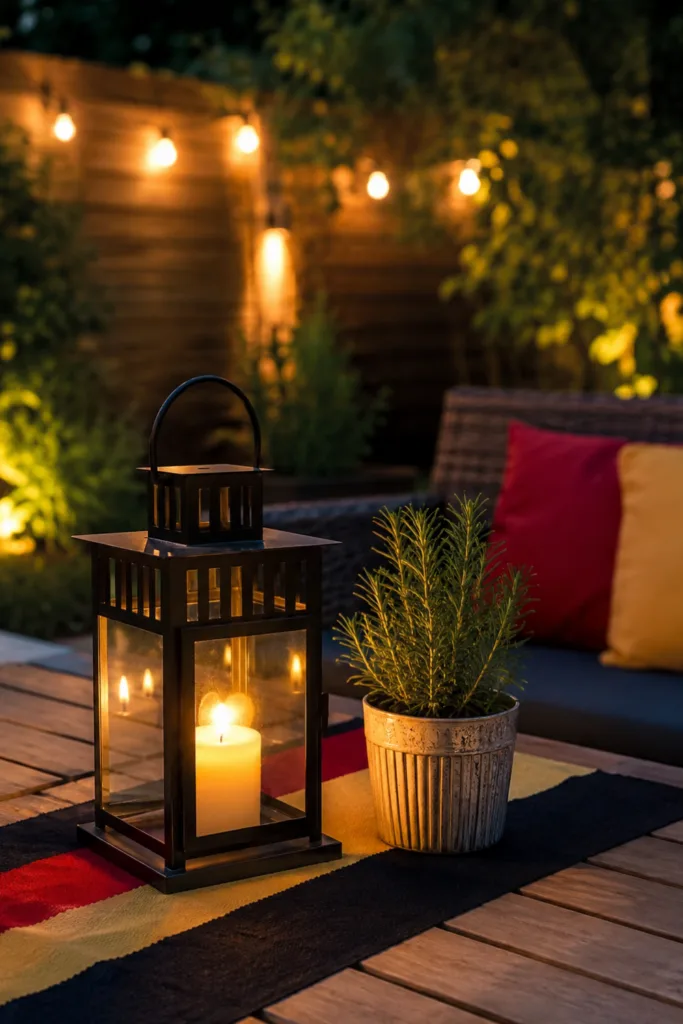 WM-Gartendeko mit Laterne, Lichterkette und stimmungsvoller Gartenbeleuchtung am Abend auf der Terrasse.
