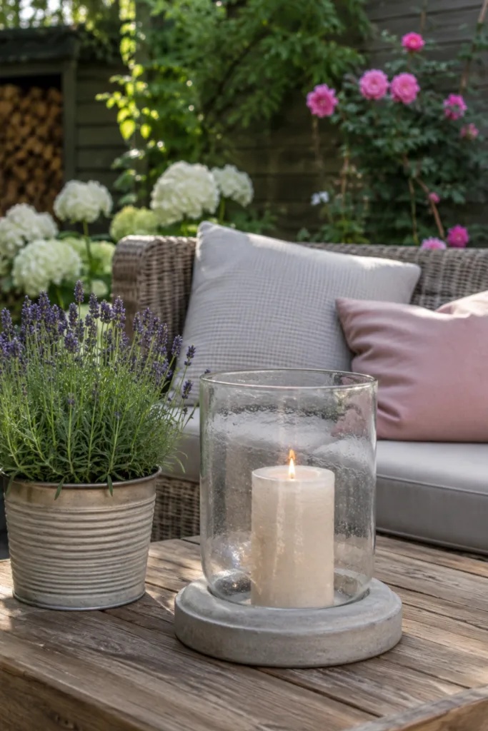 Deko für einen kleinen Garten im Juli mit Sitzecke, Lavendel und Windlicht auf Holztisch.