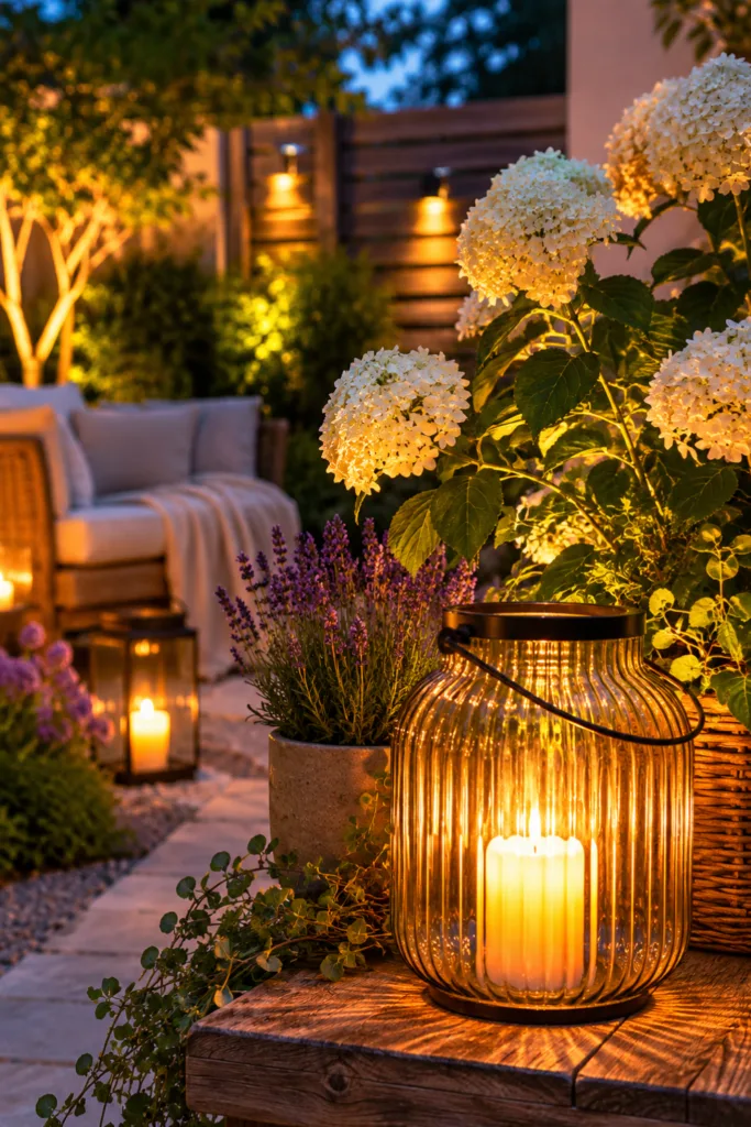 Gartenbeleuchtung im kleinen Garten im Juli mit Laterne und stimmungsvoller Abenddekoration.