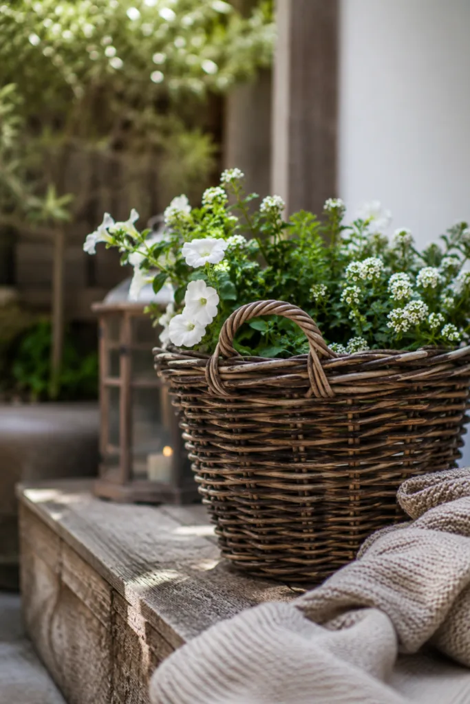 Weidenkorb mit Sommerblumen als natürliche Deko für einen kleinen Garten im Juli.