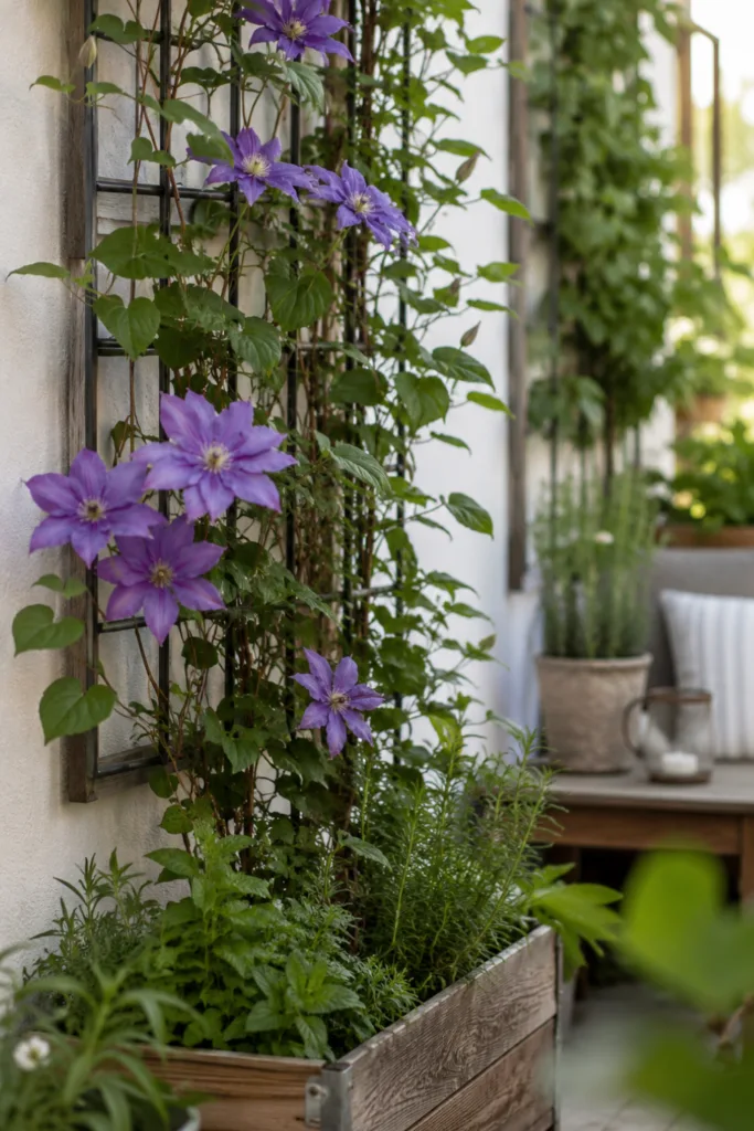Vertikale Gartendeko im kleinen Garten mit Clematis am Rankgitter im Juli.