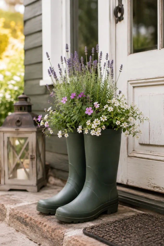 Gartendeko mit alten Gummistiefeln – 5 wunderschöne Ideen zum Nachmachen Gartendeko mit alten Gummistiefeln als bepflanzte Hingucker am Hauseingang mit Lavendel und Blumen.