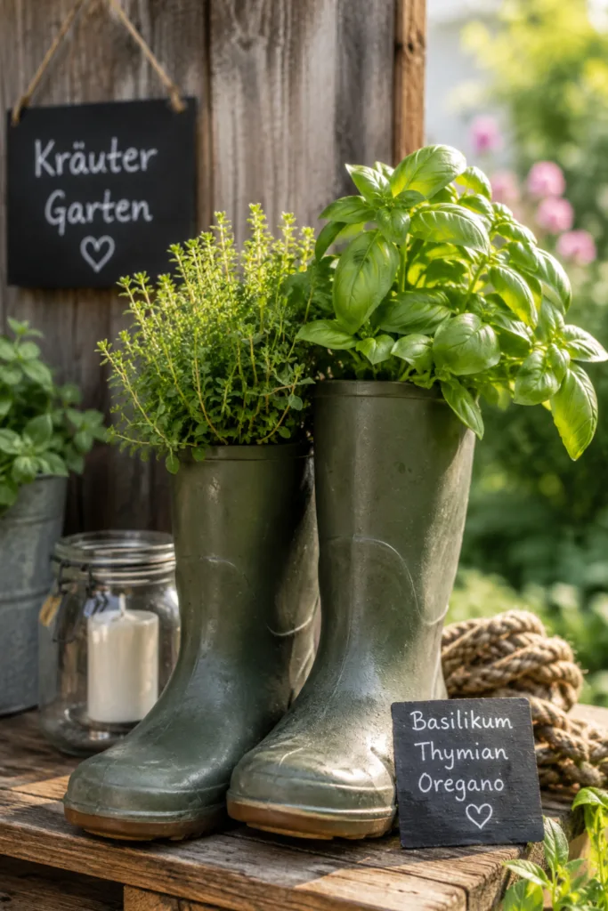 Gartendeko mit alten Gummistiefeln – 5 wunderschöne Ideen zum Nachmachen Gartendeko mit alten Gummistiefeln als Kräutergarten auf Holzbank im Garten bepflanzt mit Basilikum und Thymian.