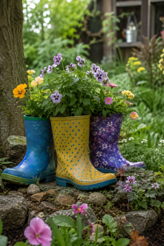 Gartendeko mit alten Gummistiefeln – 5 wunderschöne Ideen zum Nachmachen Gartendeko mit alten Gummistiefeln als bepflanzte Blumeninsel zwischen Natursteinen und Blühpflanzen.