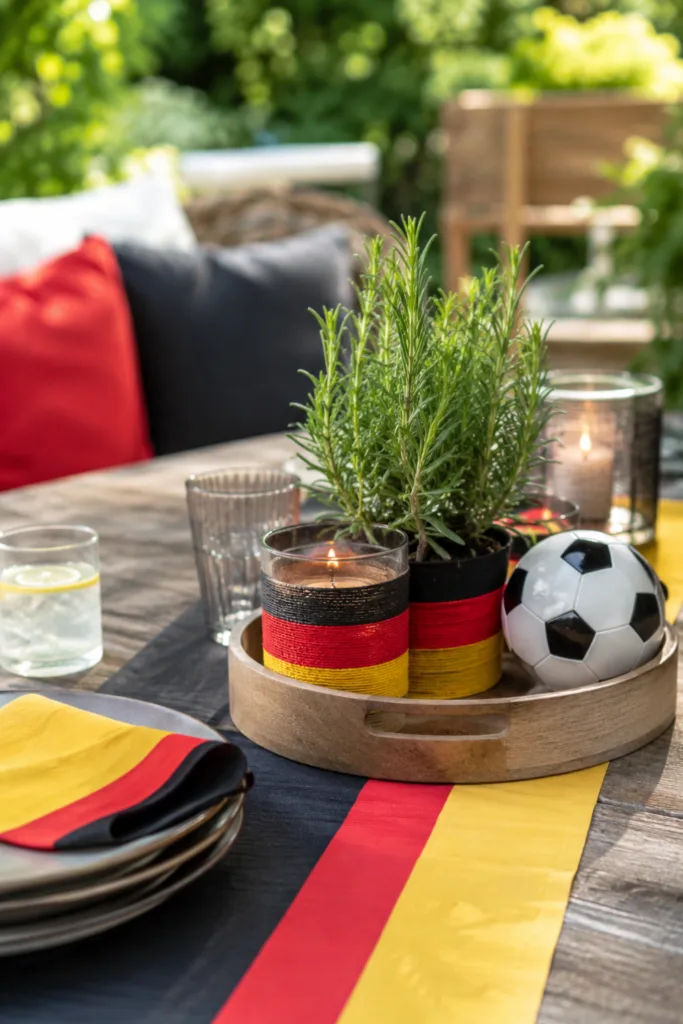 Gartendeko für die WM mit kreativer Tischdekoration, Kräutern, Windlichtern und Fußballmotiv im Garten.