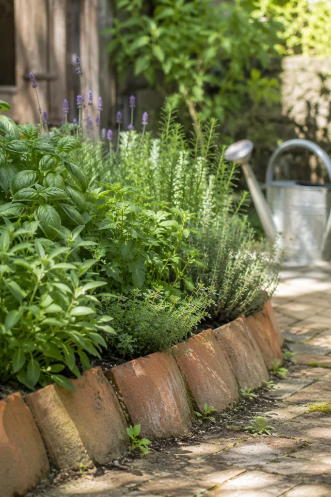 Gartendeko mit alten Dachziegeln als Beetumrandung in einem Kräuterbeet mit Lavendel und Rosmarin.