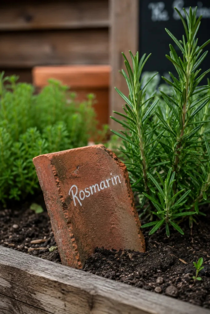 Gartendeko mit alten Dachziegeln als Pflanzschilder im Kräuterbeet mit Rosmarin und Kräutern.