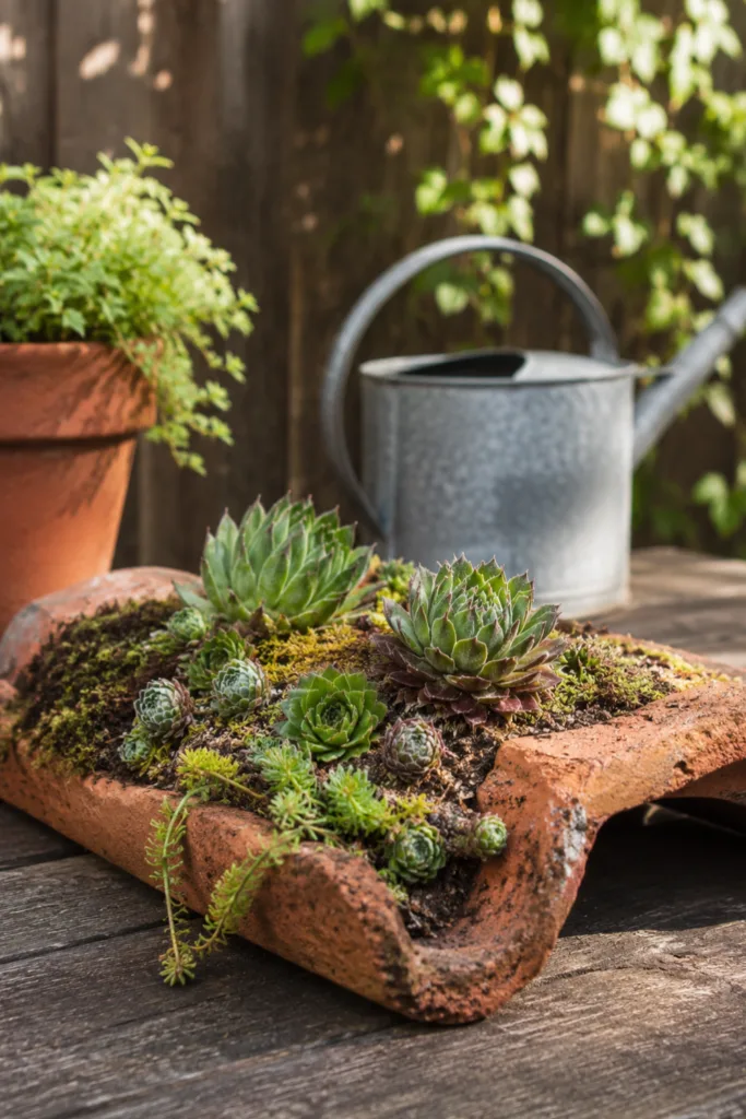 Gartendeko mit alten Dachziegeln als Mini-Steingarten mit Hauswurz und Sukkulenten im Garten.