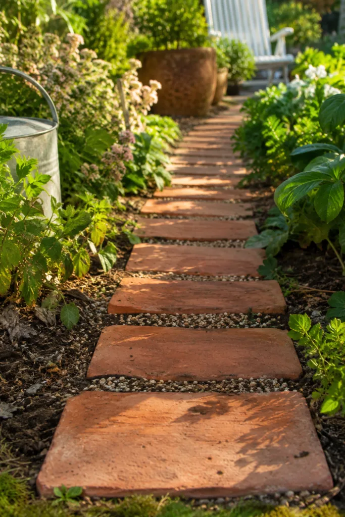 Gartendeko mit alten Dachziegeln als Beetweg zwischen Pflanzen im naturnahen Garten.