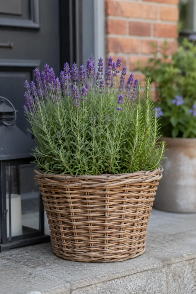 Haustür Deko im Juli mit Lavendel und Rosmarin in dekorativem Korb vor dem Hauseingang.