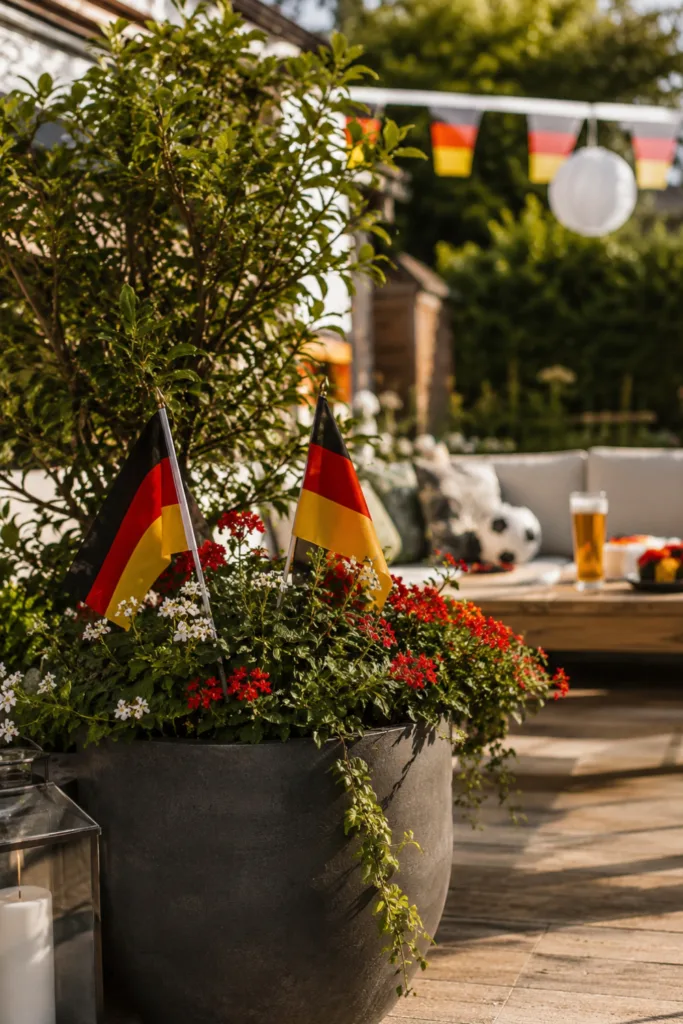 WM-Gartendeko mit bepflanztem Kübel, Fanfarben und natürlicher Gestaltung im Gartenbereich.