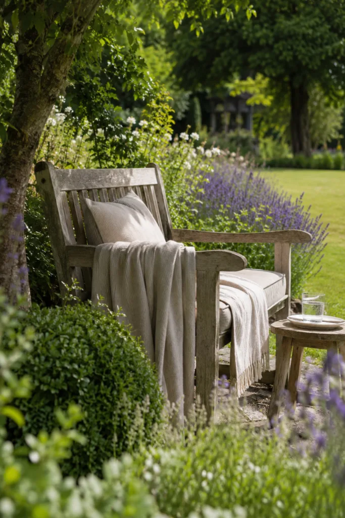 Sitzinsel im großen Garten mit Holzbank zwischen Stauden und Lavendel im Juli als gemütlicher Rückzugsort.