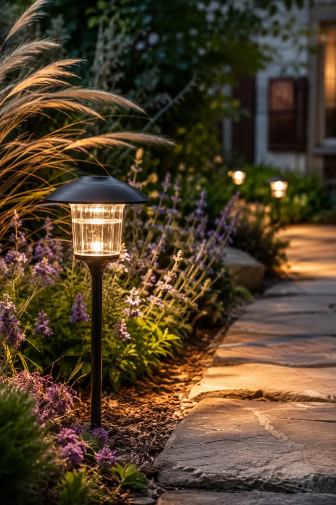 Großer Garten im Juli mit Solarleuchten entlang von Wegen und blühenden Beeten in stimmungsvoller Abendatmosphäre.