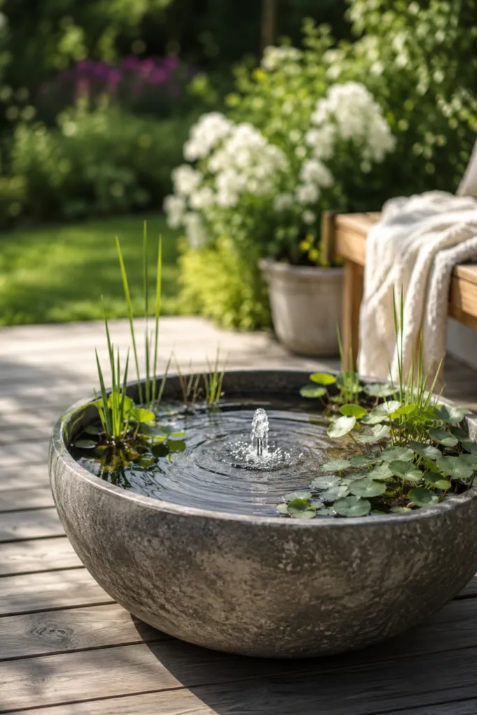 Großer Garten Deko im Juli mit dekorativer Wasserstelle, Wasserschale und Sommerpflanzen im Hintergrund.