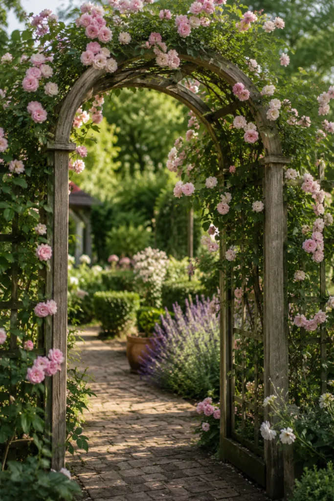 Großer Garten mit dekorativem Rankelement und Rosenbogen als strukturierender Blickfang im Juli.