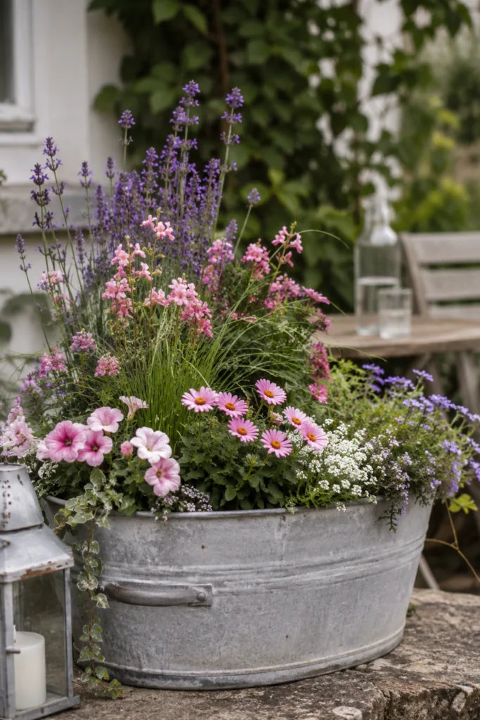 Gartendeko mit alten Zinkwannen – 5 schöne Ideen für Garten und Terrasse Gartendeko mit alten Zinkwannen als Blumenbeet mit Sommerblumen auf einer Terrasse im Garten.