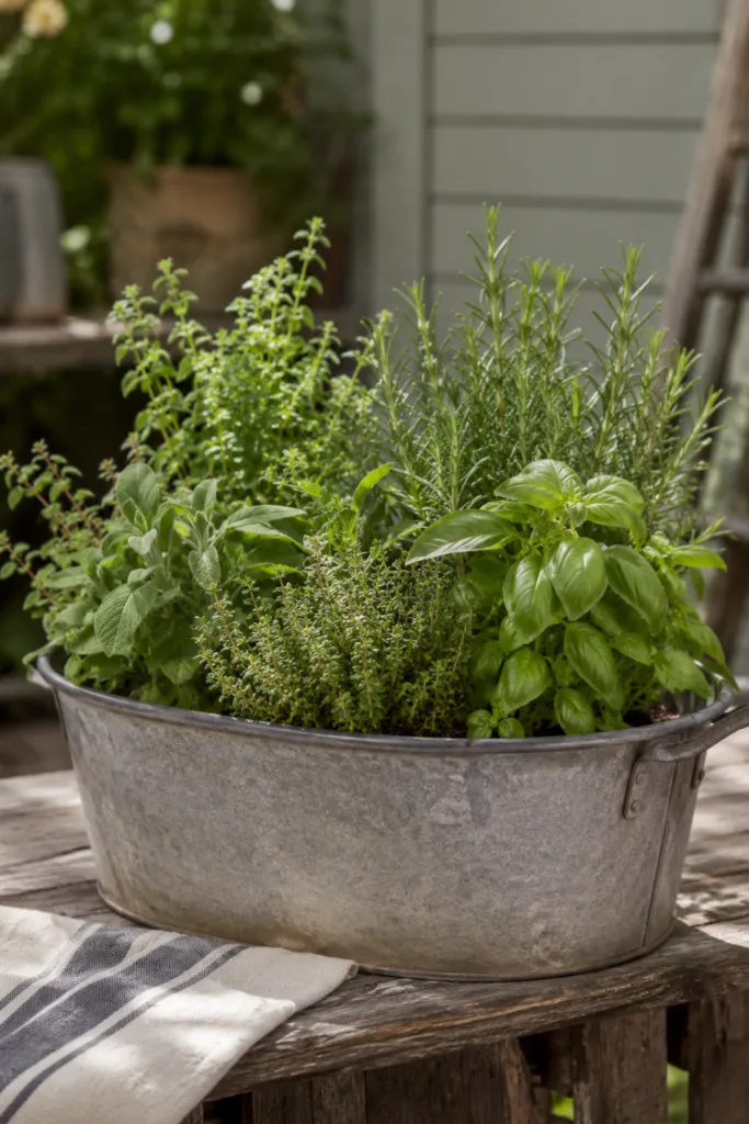 Gartendeko mit alten Zinkwannen – 5 schöne Ideen für Garten und Terrasse Kräutergarten in alter Zinkwanne mit Rosmarin, Thymian und Salbei auf einer sonnigen Terrasse im Garten.