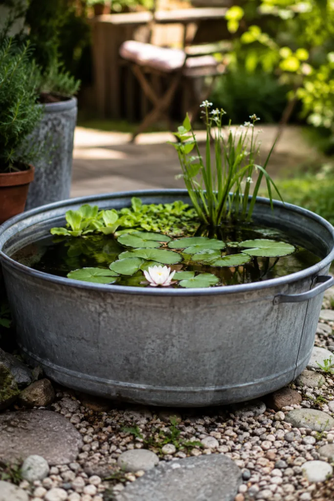 Gartendeko mit alten Zinkwannen – 5 schöne Ideen für Garten und Terrasse Gartendeko mit alter Zinkwanne als Mini-Teich mit Wasserpflanzen auf einer naturnahen Terrasse im Garten.