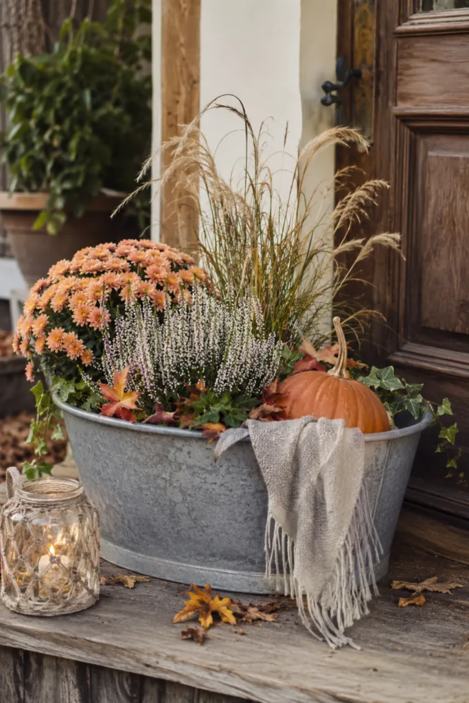 Gartendeko mit alten Zinkwannen – 5 schöne Ideen für Garten und Terrasse Gartendeko mit alten Zinkwannen im Herbst mit Gräsern, Kürbis und Heide am Hauseingang dekoriert.