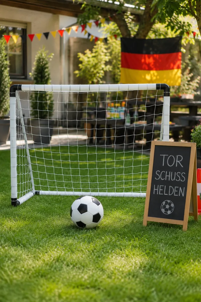 Gartendeko für die WM mit Fußball-Ecke, Tor und Ball für Kinder und Gäste im Garten.