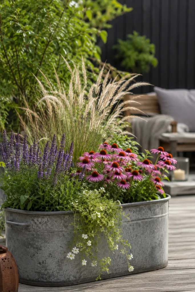 Gartendeko mit alten Zinkwannen – 5 schöne Ideen für Garten und Terrasse Gartendeko mit alten Zinkwannen: Stauden und Gräser als rustikale Pflanzinsel auf der Terrasse.