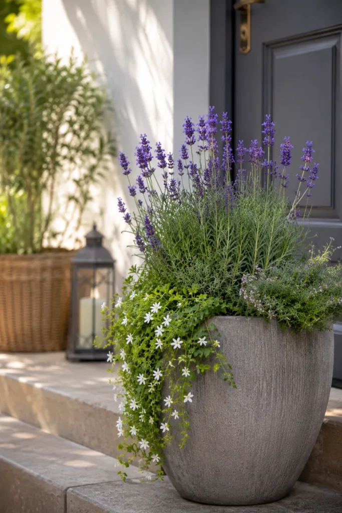 Vorgarten Deko im Juli mit großem Pflanzgefäß, Lavendel und modernem Hauseingang im Sommer.