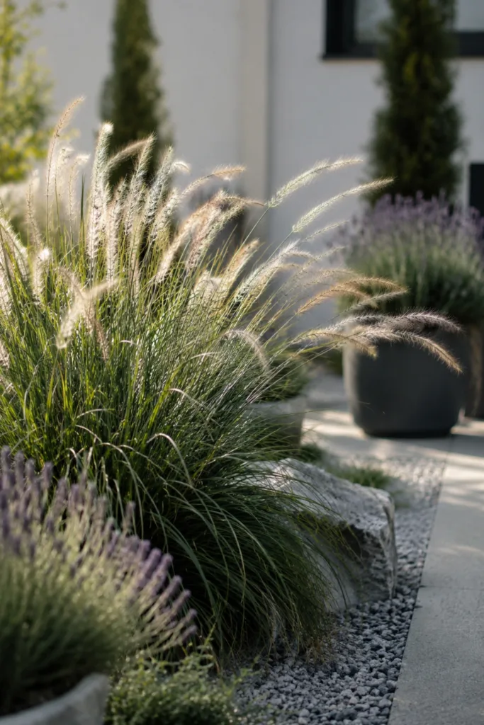 Vorgarten Deko im Juli mit Ziergräsern, Lavendel und moderner Gartengestaltung vor dem Hauseingang.