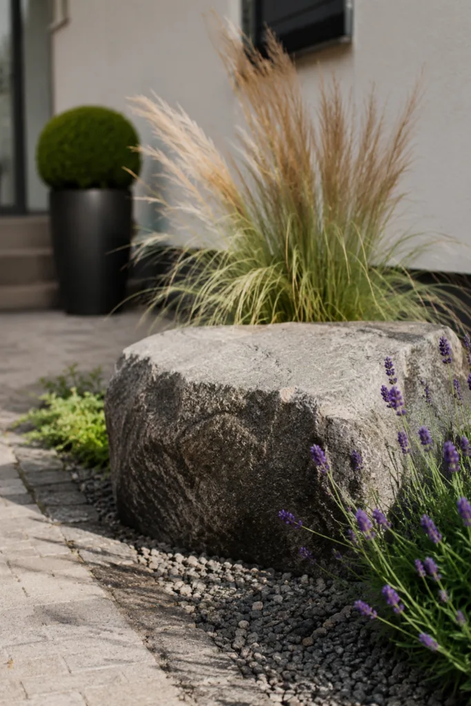 Vorgarten Deko im Juli mit Naturstein, Lavendel und Ziergräsern als stilvoller Blickfang vor dem Haus.