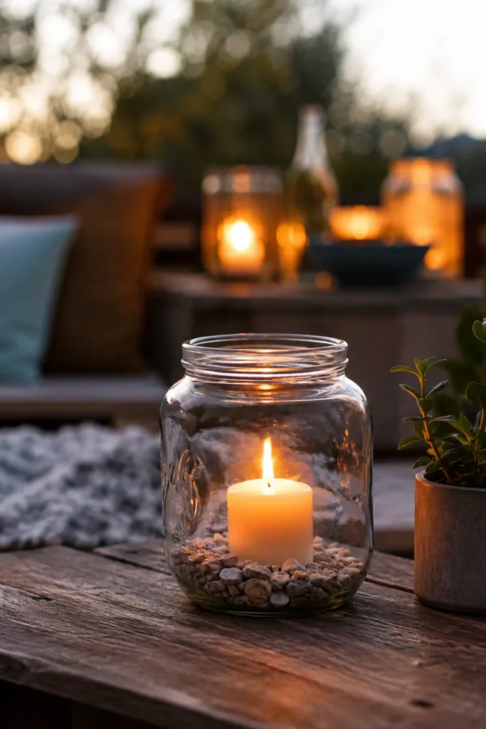 Gartendeko mit alten Einmachgläsern – 5 wunderschöne Ideen für deinen Garten Windlichter aus Einmachgläsern auf Holztisch schaffen gemütliche Sommerabende im Garten.