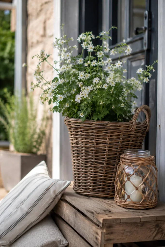 Hauseingangsdeko im Juli mit Holzkiste, Weidenkorb und Sommerblumen am Eingangsbereich.