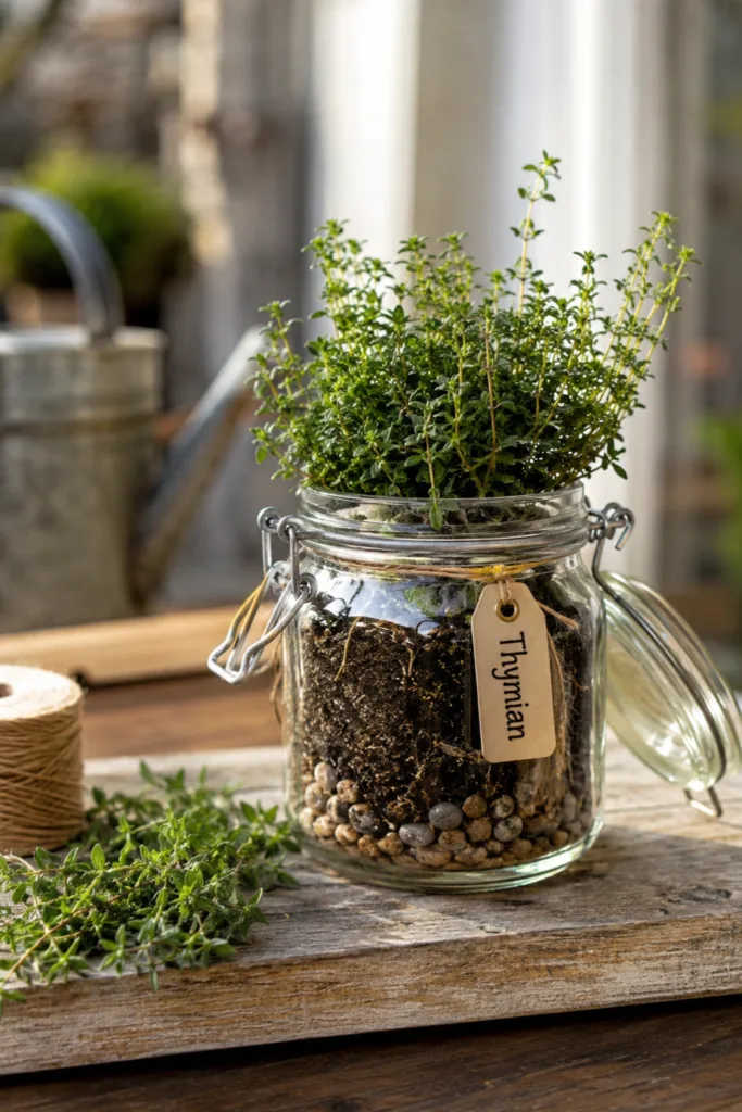 Gartendeko mit alten Einmachgläsern – 5 wunderschöne Ideen für deinen Garten Gartendeko mit alten Einmachgläsern als Kräutergarten mit Thymian auf rustikalem Holztisch im Garten.