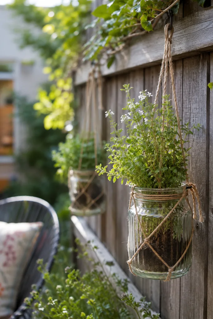 Gartendeko mit alten Einmachgläsern – 5 wunderschöne Ideen für deinen Garten Hängende Einmachgläser am Gartenzaun als Gartendeko mit Pflanzen und natürlicher Gestaltung an der Pergola.