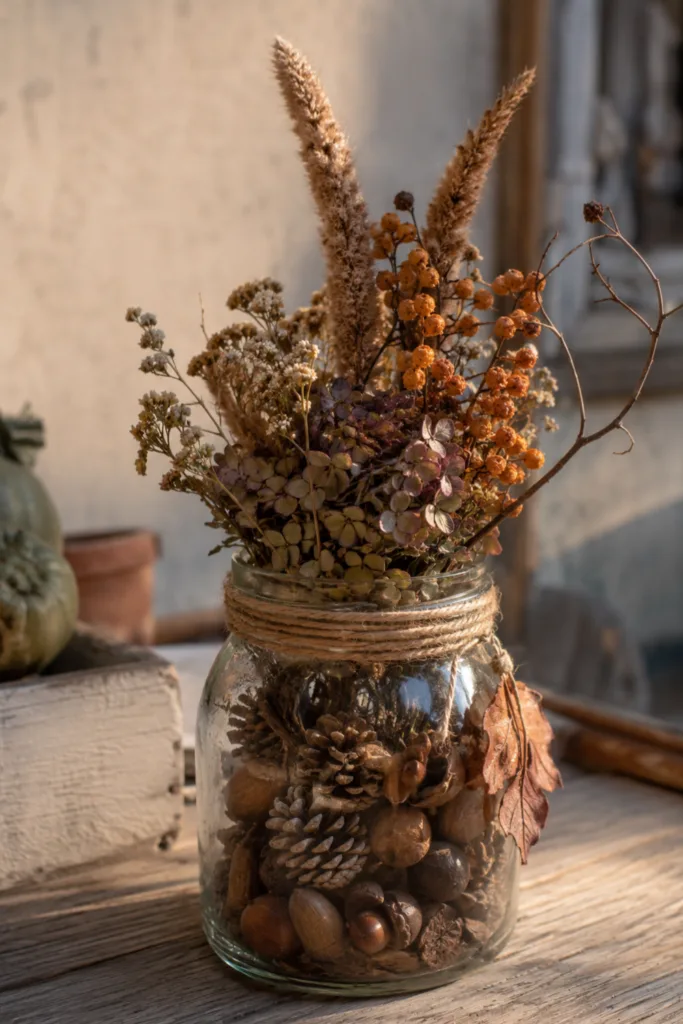 Gartendeko mit alten Einmachgläsern – 5 wunderschöne Ideen für deinen Garten Gartendeko mit altem Einmachglas, gefüllt mit Naturmaterialien für saisonale Dekoration im Garten.