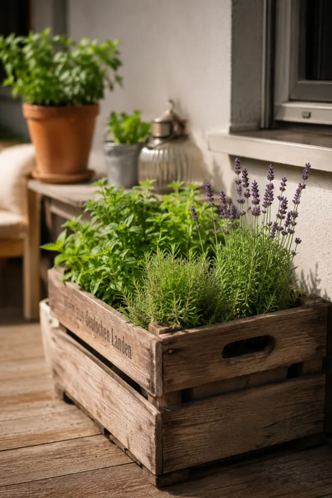 Balkondeko aus alten Holzkisten mit Kräutern und Lavendel auf gemütlichem Balkon im Tageslicht.