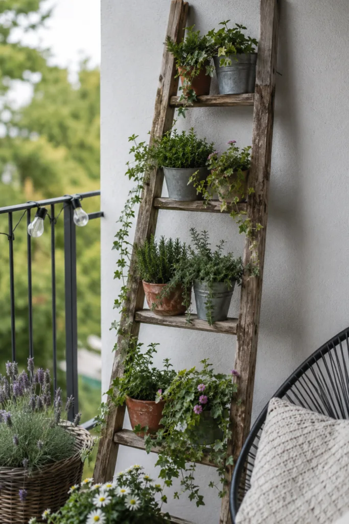 Balkondeko aus alten Sachen mit alter Leiter als vertikaler Garten und bepflanzten Töpfen auf kleinem Balkon.