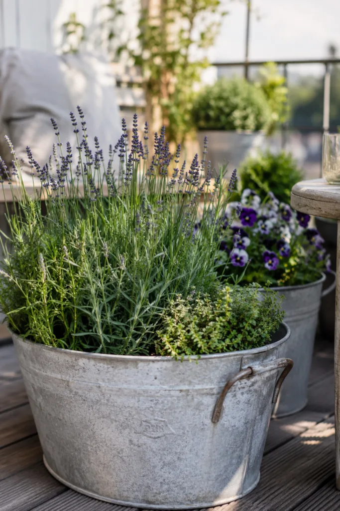 Balkondeko aus alten Sachen mit Zinkwanne als Pflanzgefäß für Lavendel und Kräuter auf dem Balkon.