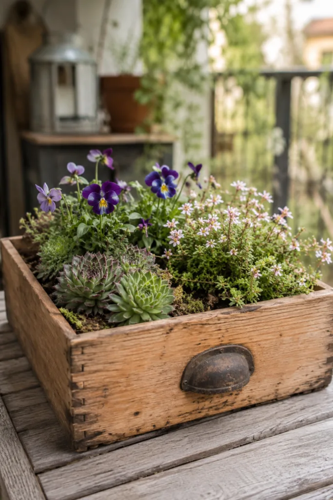 Balkondeko aus alten Sachen mit bepflanzter Holzschublade, Hauswurz und Blüten auf dem Balkon.