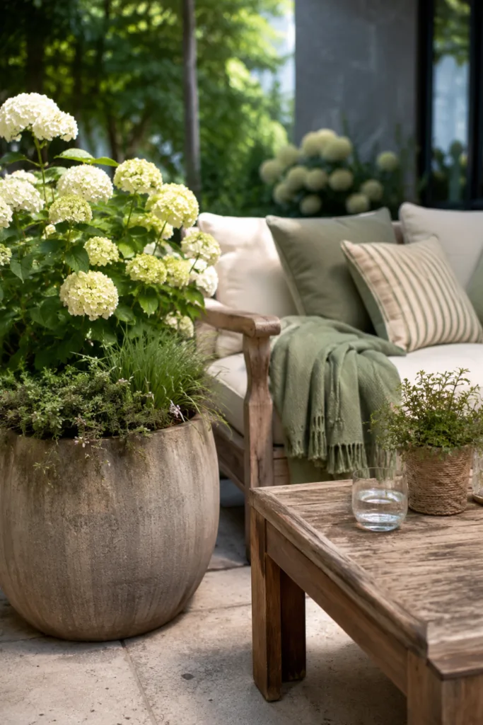 Gartendeko im Juli mit Sitzplatz, Textilien und großen Pflanzgefäßen auf einer sommerlichen Terrasse.