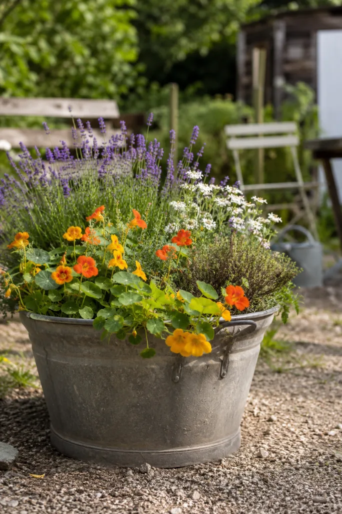 Schrebergartendeko im Juli – 5 wunderschöne Ideen für mehr Sommerstimmung Schrebergartendeko im Juli mit bepflanzter Zinkwanne, Lavendel und Blumen als Blickpunkt im Garten.