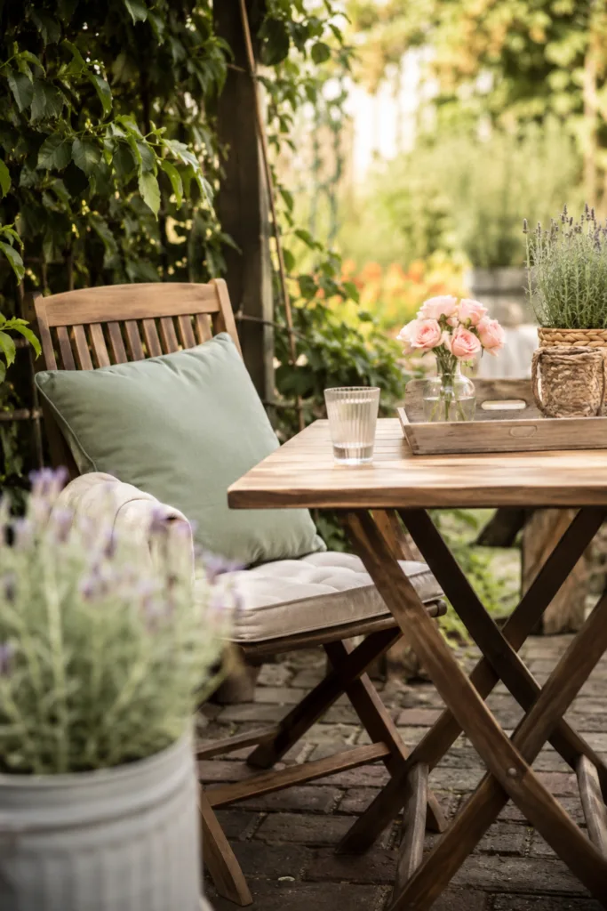 Schrebergartendeko im Juli – 5 wunderschöne Ideen für mehr Sommerstimmung Gemütliche Sitzecke im Schrebergarten im Juli mit Holzmöbeln, Kübelpflanzen und Sommerdeko.