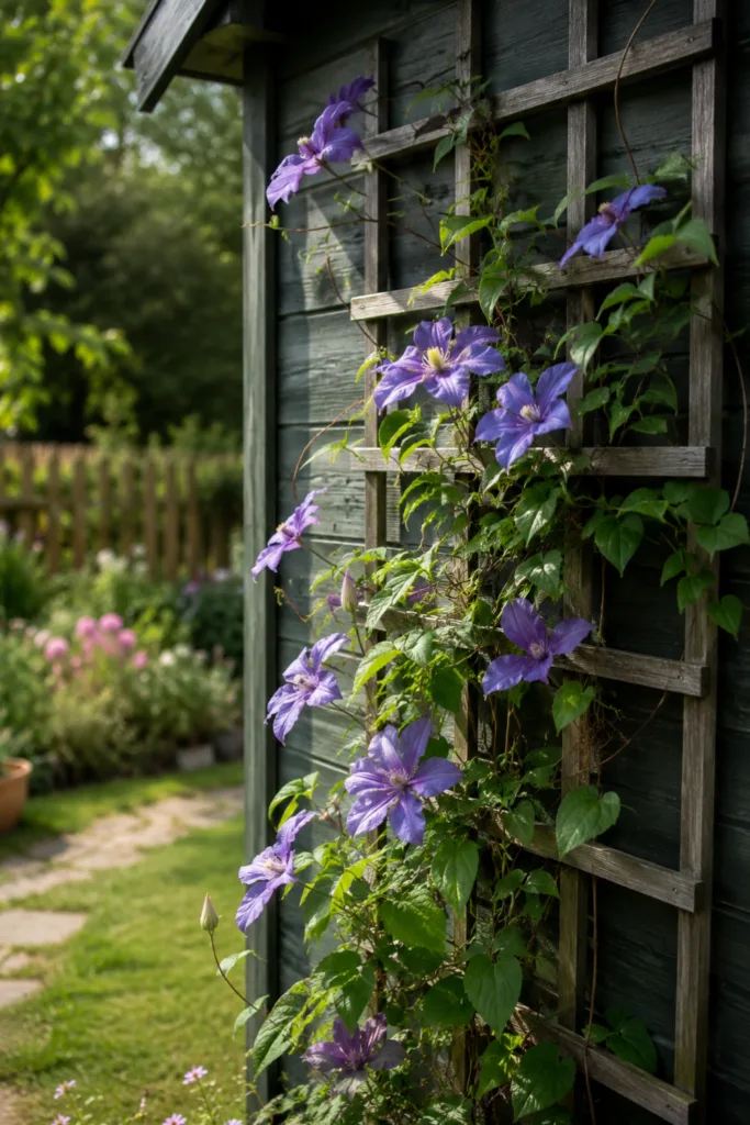 Schrebergartendeko im Juli – 5 wunderschöne Ideen für mehr Sommerstimmung Vertikale Deko mit Rankgitter und Kletterpflanzen an Gartenlaube im Schrebergarten im Juli.