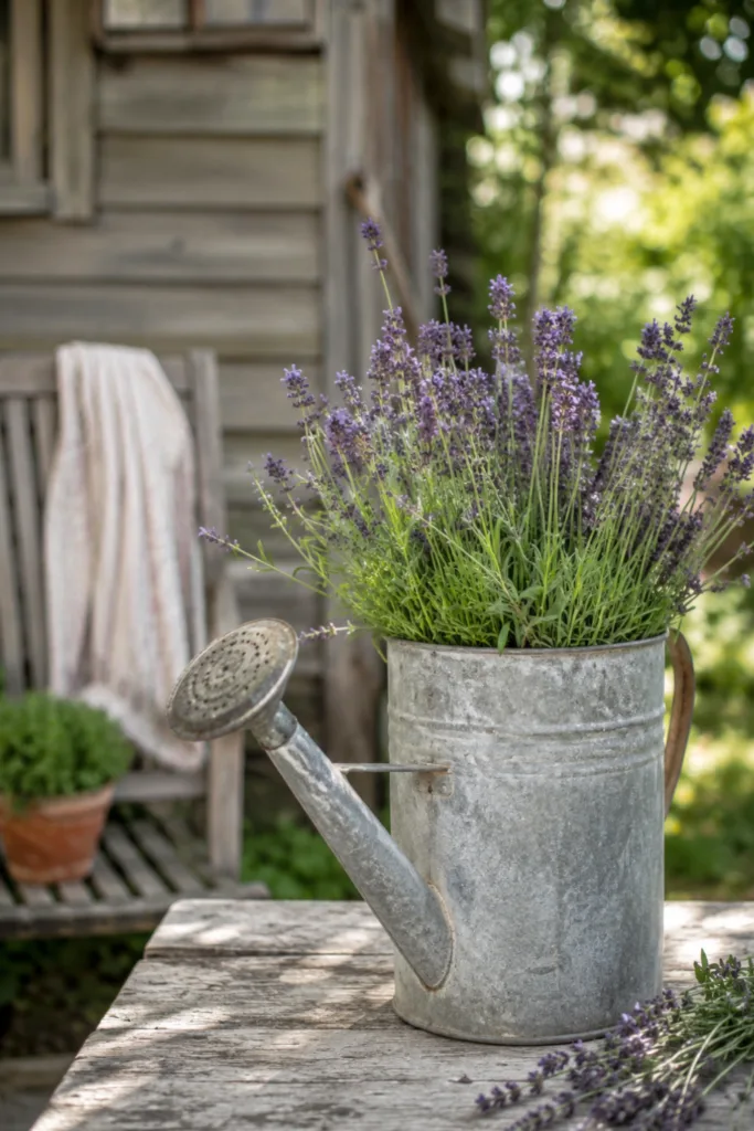Schrebergartendeko im Juli – 5 wunderschöne Ideen für mehr Sommerstimmung Schrebergartendeko mit alter Gießkanne aus Metall und Lavendel als natürliche Gartendeko im Juli.