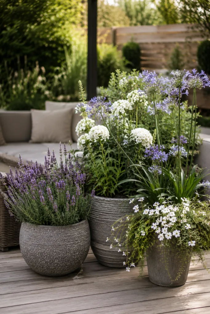 Reihenhausgartendeko im Juli mit sommerlicher Kübelgruppe als zentralem Blickfang auf der Terrasse.