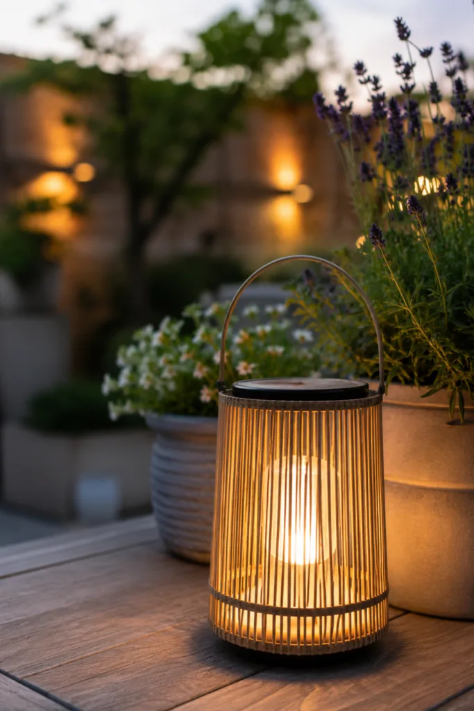 Solarleuchte im Reihenhausgarten im Juli sorgt für stimmungsvolle Gartenbeleuchtung auf der Terrasse.