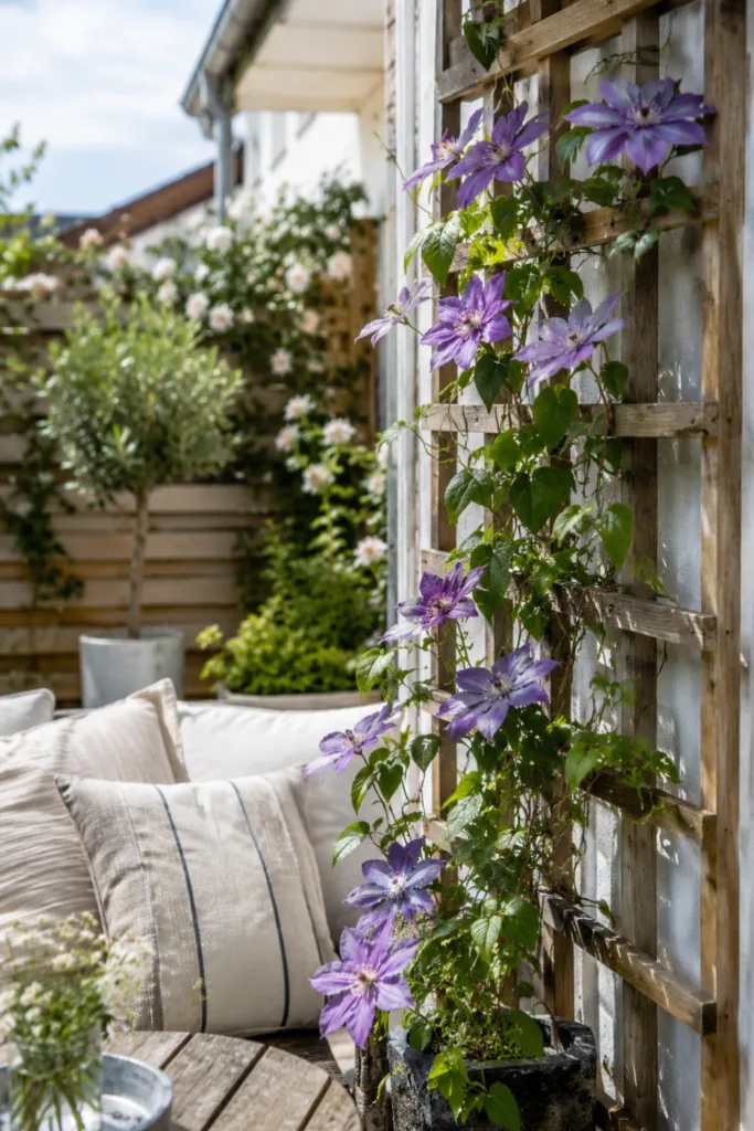 Reihenhausgartendeko im Juli mit Clematis am Rankgitter als vertikale Gartendeko und Blickfang im kleinen Garten.